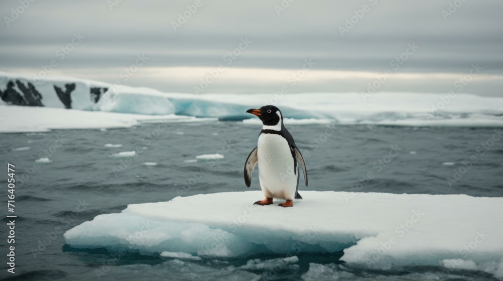 Poster a penguin standing on an ice floe in the ocean. generative ai.
