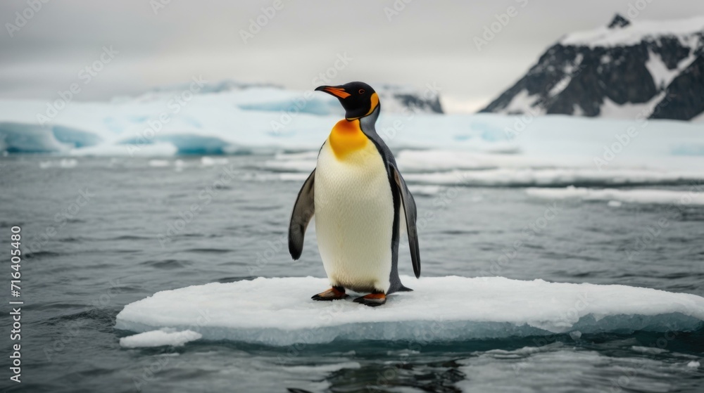 Poster a penguin standing on an ice floe in the ocean. generative ai.