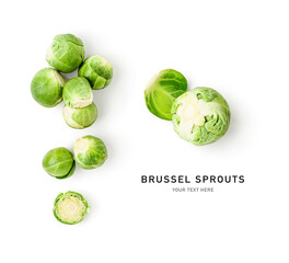 Green brussel sprouts creative layout isolated on white background.