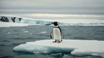 Fototapeta premium A penguin standing on an ice floe in the ocean. Generative AI.