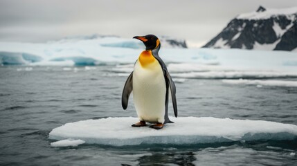 Fototapeta premium A penguin standing on an ice floe in the ocean. Generative AI.