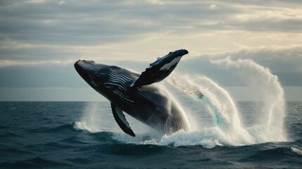 A humpback whale is jumping out of the water. Generative AI.