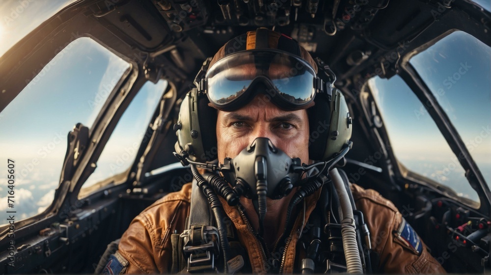 Poster a man in a pilot's helmet is looking out the window. generative ai.