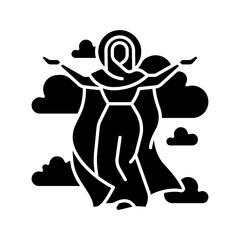 Ascended virgin mary black glyph icon. Assumption of Mary to heaven after earthly life. Immaculate mother of God. Silhouette symbol on white space. Solid pictogram. Vector isolated illustration