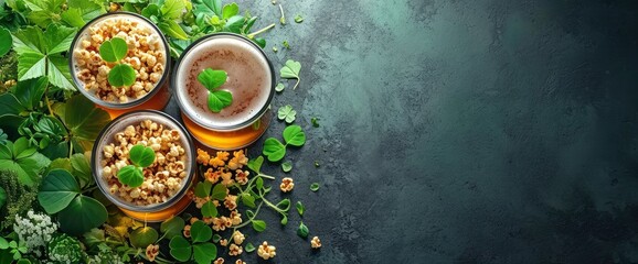 Obraz na płótnie Canvas Glasses Beer Popcorn Irish Shamrock Leaves, HD, Background Wallpaper, Desktop Wallpaper
