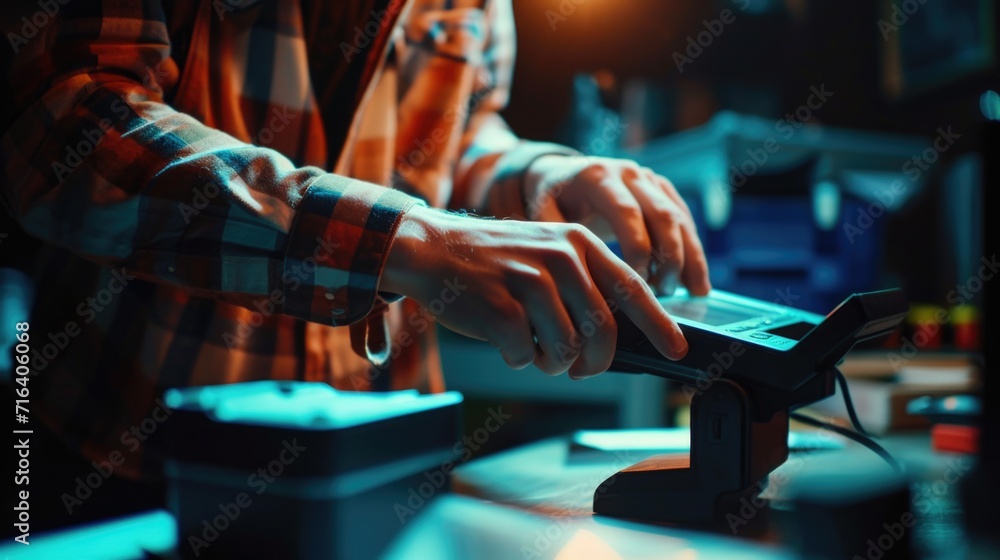 Poster a man is using a barcode scanner to scan a piece of paper. this image can be used to depict technolo
