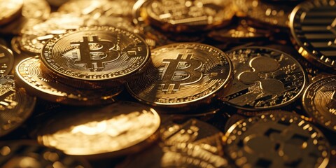 A pile of golden bitcoins stacked on top of each other. Can be used to illustrate cryptocurrency, digital currency, or financial investments