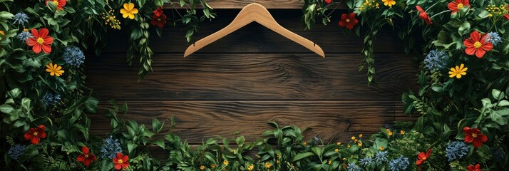 Fototapeta na wymiar Flower Composition Layout Wooden Coat Hanger, Banner Image For Website, Background, Desktop Wallpaper