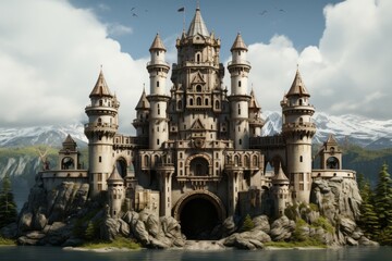 Medieval Fortress Front with Turrets, on an isolated Castle Gray background, Generative AI