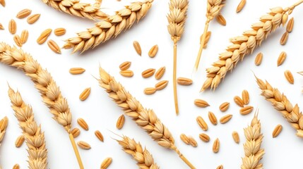 A collection of wheat ears placed on a clean white surface. Suitable for agricultural themes and food-related concepts
