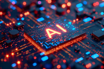 Obraz premium AI chip on a printed circuit board. Micro chip with AI text. Artificial intelligence concept.