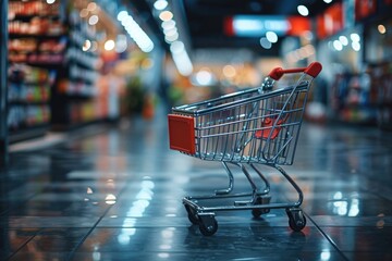A shopping cart sitting in a store aisle. Perfect for illustrating a retail environment or shopping experience
