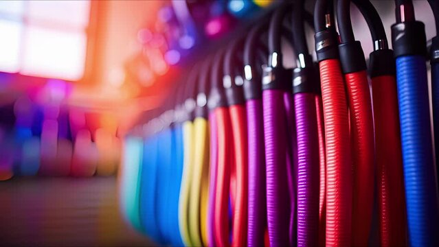 Closeup of a jump rope coiled up and hung on a wallmounted storage unit in a home gym