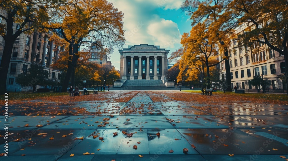 Poster a view of a building with a fountain in front of it. perfect for architectural and urban landscape t