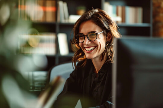 Confident Mature Businesswoman Engaged in a Virtual Conference Call, Masterfully Balancing Online Client Communications with Collaborative Teamwork in a Modern Office Setting
