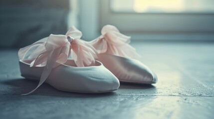 A pair of white ballet shoes adorned with delicate pink bows. Perfect for ballet enthusiasts and...