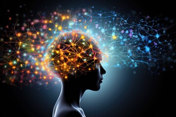 Obraz premium Cognitive journey brain puzzle, vibrant jigsaw colored cognition. Neural coherence, cultural influences, intricacies system neuroscience. Metabotropic wonders, axonal sprouting, intellectual growth