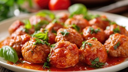A white plate topped with meatballs covered in sauce. Perfect for food blogs and recipe websites