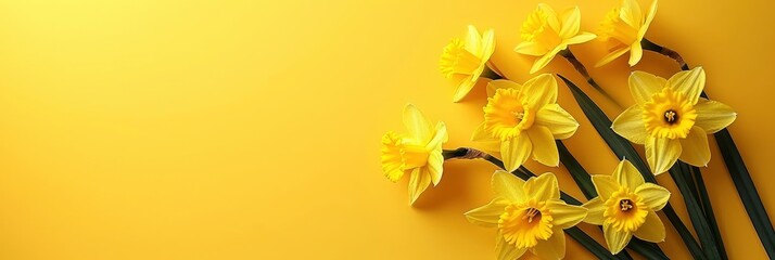 Fresh Daffodil Flowers On Yellow Background, Banner Image For Website, Background, Desktop Wallpaper