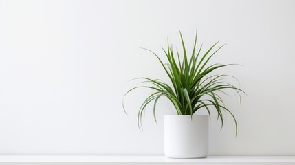 Beautiful Spider Plant in Contemporary Living Space. Chlorophytum in a Modern Pot on White Wall.