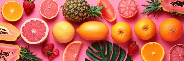 Fresh Tropical Fruits Flat Lay Different, Banner Image For Website, Background, Desktop Wallpaper