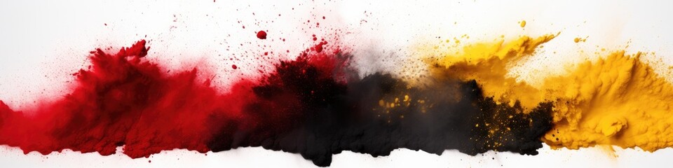 Colourful Explosion of Black Red Gold Paint Powder on Isolated White Background. German Flag - obrazy, fototapety, plakaty