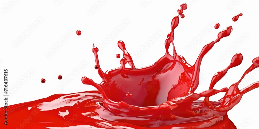 Poster a dynamic image capturing red liquid splashing onto a pristine white surface.