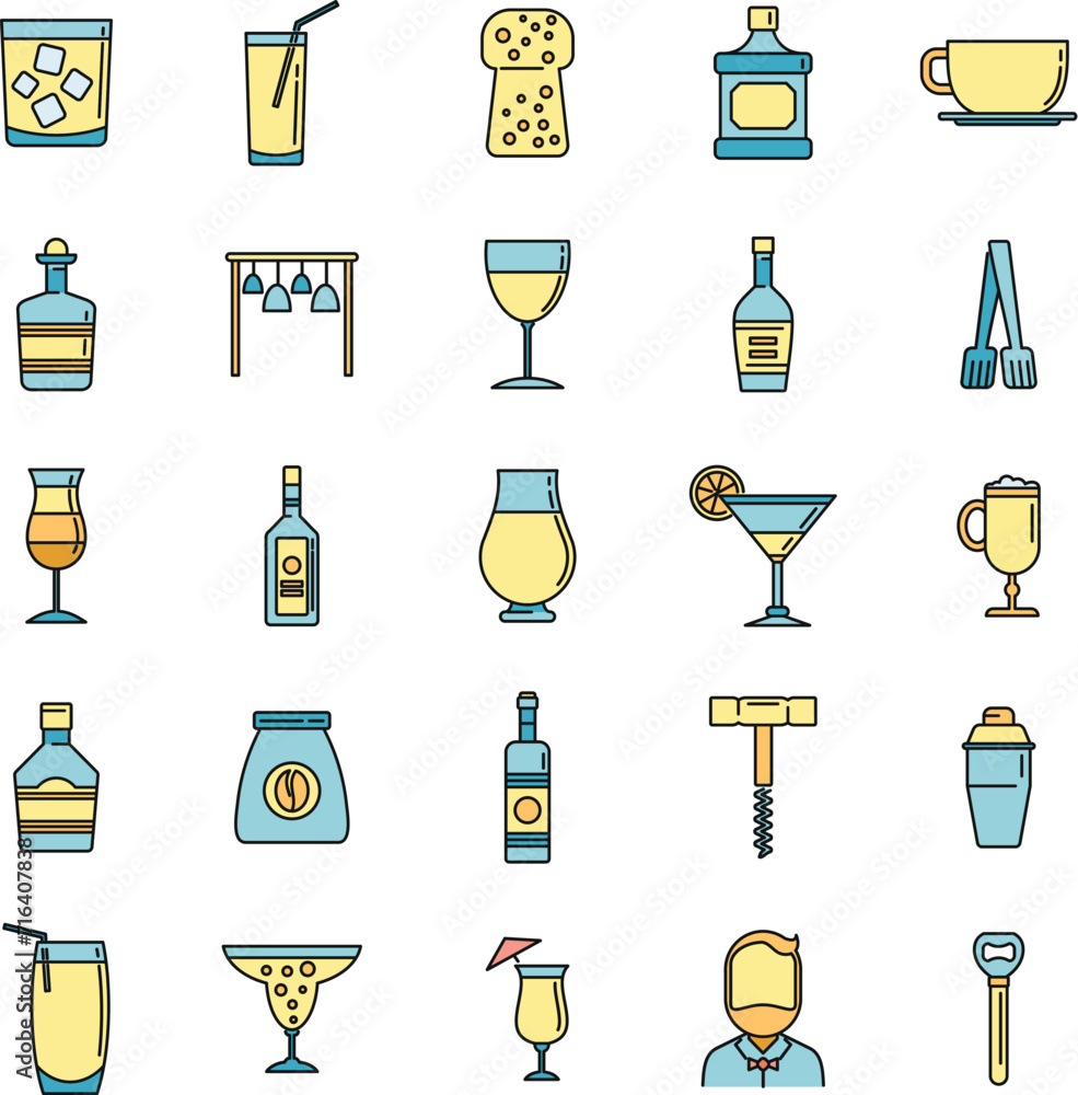 Poster bartender man icons set. outline set of bartender man vector icons thin line color flat on white