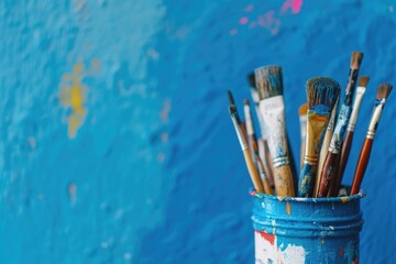 Fototapeta premium A cup filled with paint brushes sitting on a table. Can be used for art and creativity concepts