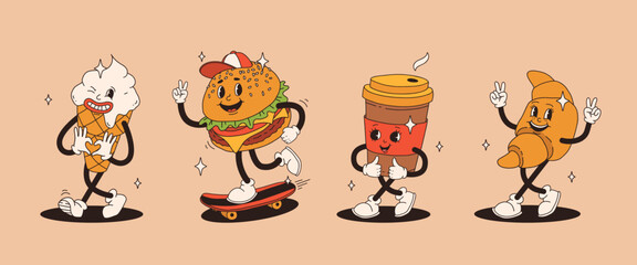 Set of fast food retro groovy cartoon character. Vintage mascot of burger, pizza, hot dog, ice cream, french fries, coffee to go, donut and soda with happy smile. Funky street food illustration