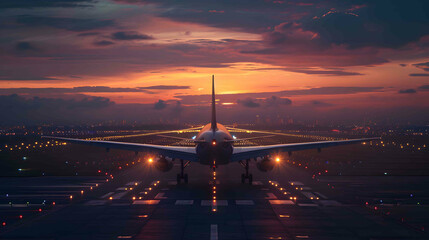 Fototapeta na wymiar Sunset Landing: A stunning image capturing an airplane gracefully landing amidst the vibrant hues of the setting sun, blending the elements of the sky, runway, and lights