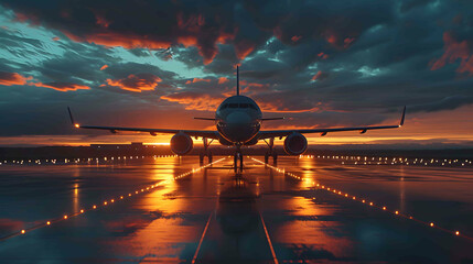 Sunset Landing: A stunning image capturing an airplane gracefully landing amidst the vibrant hues of the setting sun, blending the elements of the sky, runway, and lights - obrazy, fototapety, plakaty