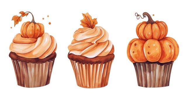 Three cupcakes with festive frosting and adorable pumpkin decorations. Perfect for Halloween parties or autumn-themed events