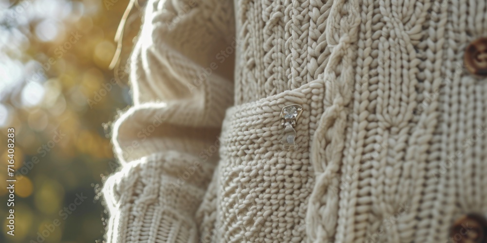 Poster a detailed close-up view of a sweater with buttons. this versatile image can be used to showcase fas