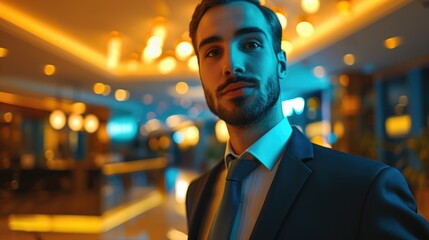 A professional man in a suit and tie standing in a lobby. Suitable for corporate and business-related themes