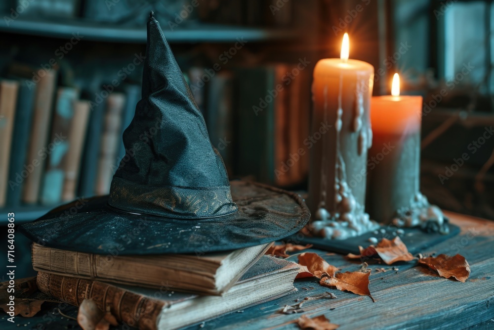 Aufkleber a witch hat is placed on top of a stack of books, accompanied by a lit candle. this image can be use