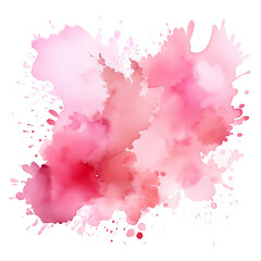 Pink brush watercolor blot with splashes on white paper. Isolated on white background with copy space for text. Abstract creative background