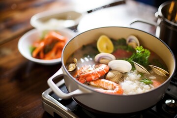 fresh seafood beside a ready-to-cook pot of gumbo
