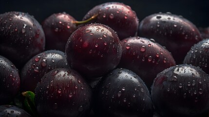 Fresh plum with water splashes and drops on black background