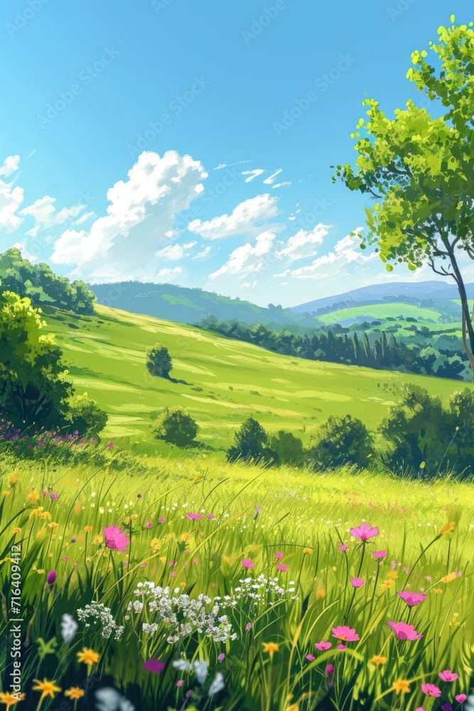 Poster a vibrant painting depicting a field filled with colorful flowers and tall trees. perfect for adding