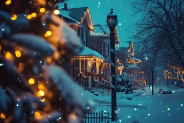 A snowy street with a Christmas tree in the foreground. Perfect for winter holiday-themed designs and greeting cards
