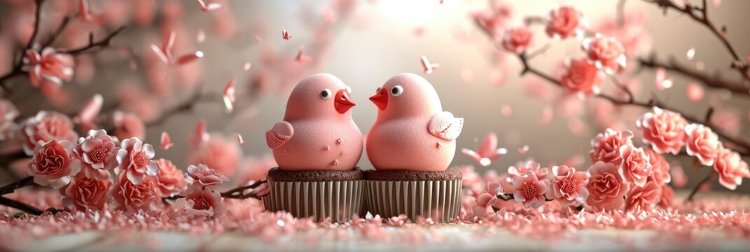 Hearts Couple Birds Flowers Cupcakes, Banner Image For Website, Background, Desktop Wallpaper