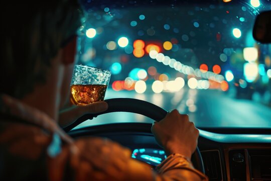 Man driving a car with a glass of beer in his hand. Suitable for illustrating the dangers of drunk driving