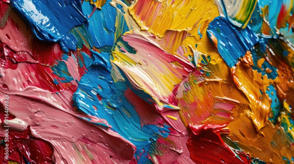 Poster a close up view of a vibrant and dynamic painting with a multitude of colors. this abstract artwork 