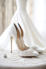 White high heel bridal shoes in front of wedding dress