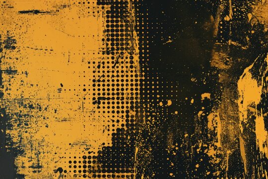 An abstract painting featuring yellow and black colors with intricate dot patterns. Ideal for adding a modern touch to any space