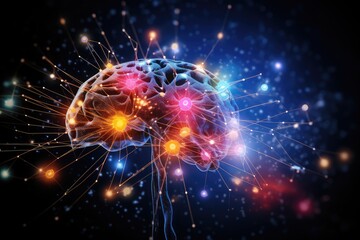 Fototapeta premium Vibrant realm brain, colorful neuronal network convergent thinking. Axon traverse thoughts, suppressor pathway. Wakefulness frontal lobe function, mindset habits. Neuronal network magnetic pull axon.