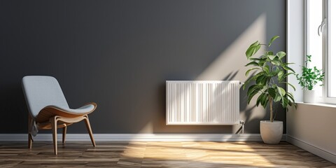 A simple room featuring a chair and a radiator. Perfect for interior design or home improvement projects