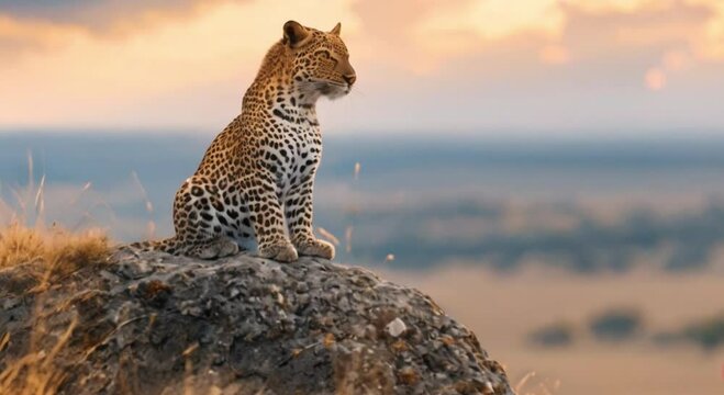 leopard sitting on a rock in the grassland