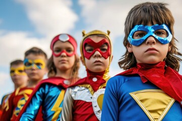 Children dressed up as superheroes, ready for action. Perfect for children's parties and superhero-themed events